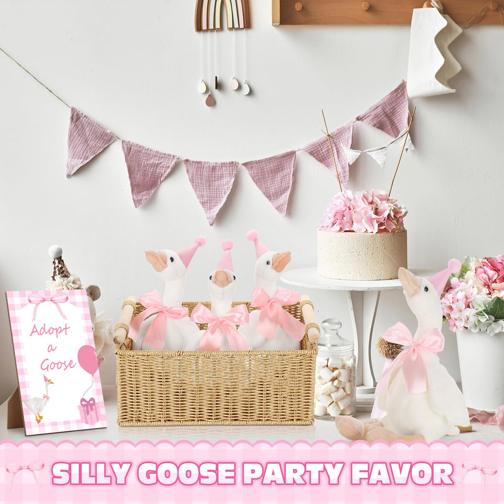 Giftlyze One Silly Goose Birthday Decoration – 10 Plush Geese, 12-Inch, Hats, Adoption Cards, Ribbon & Wood Table Decor (Pink)