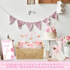 Giftlyze One Silly Goose Birthday Decoration – 10 Plush Geese, 12-Inch, Hats, Adoption Cards, Ribbon & Wood Table Decor (Pink)