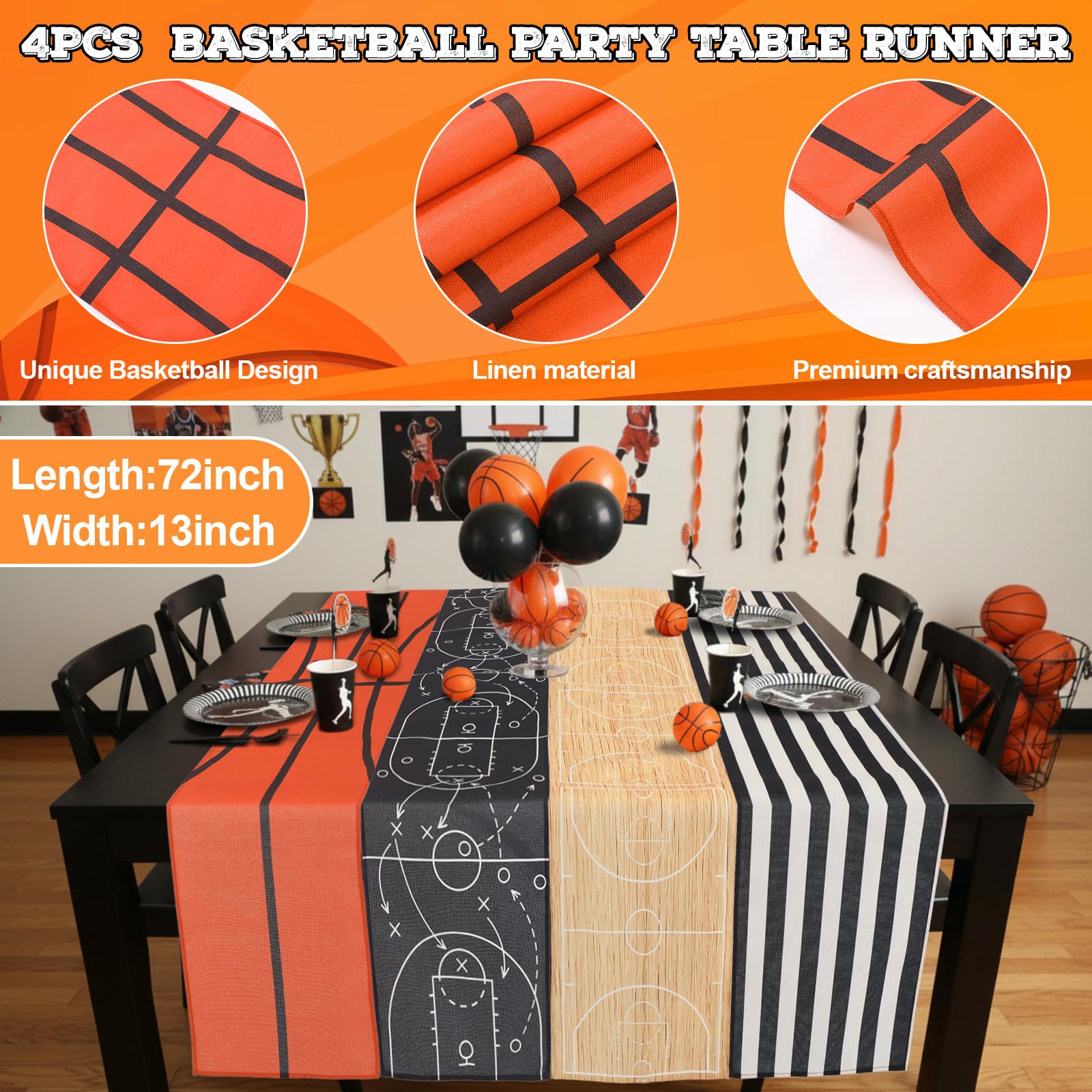 Gilprop 4 Pcs Basketball Table Runner – 13 x 72 in, Multicolor Party Decor for Home & Dining