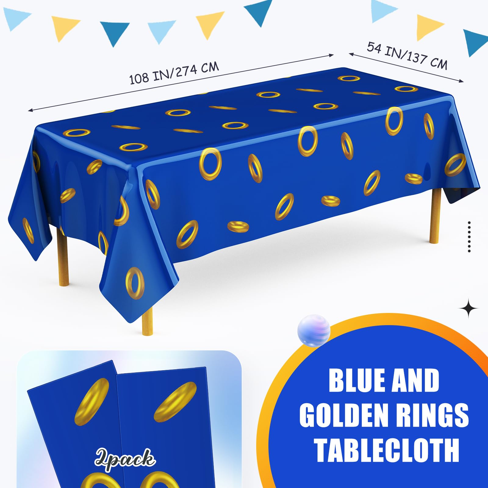 Gilprop 2 Pcs Blue Tablecloth with Gold Ring Pattern — 108 x 54 Inches (Disposable)