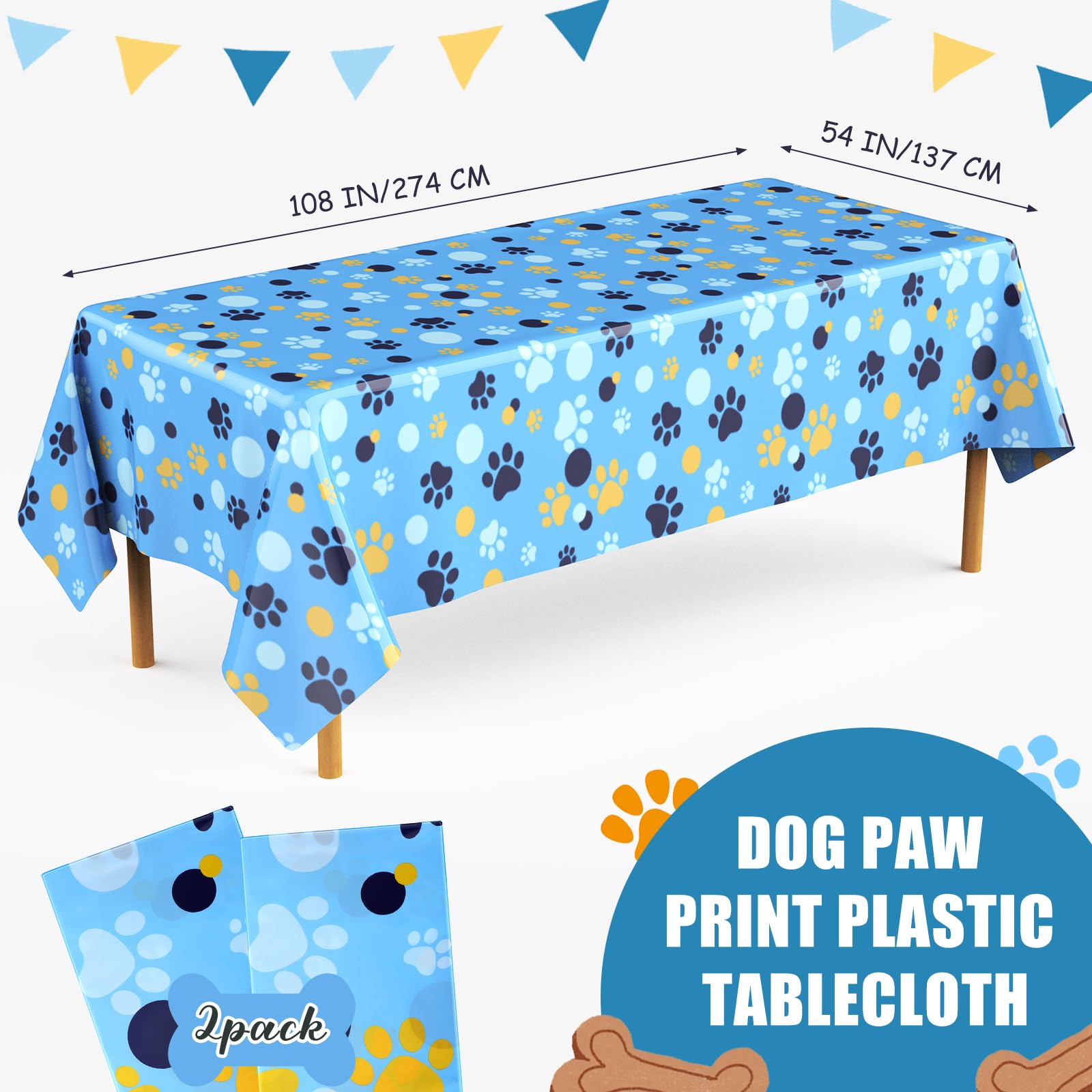 Gilprop 2 Pack 54x108 Inch Cartoon Paw Print Tablecloths – Blue
