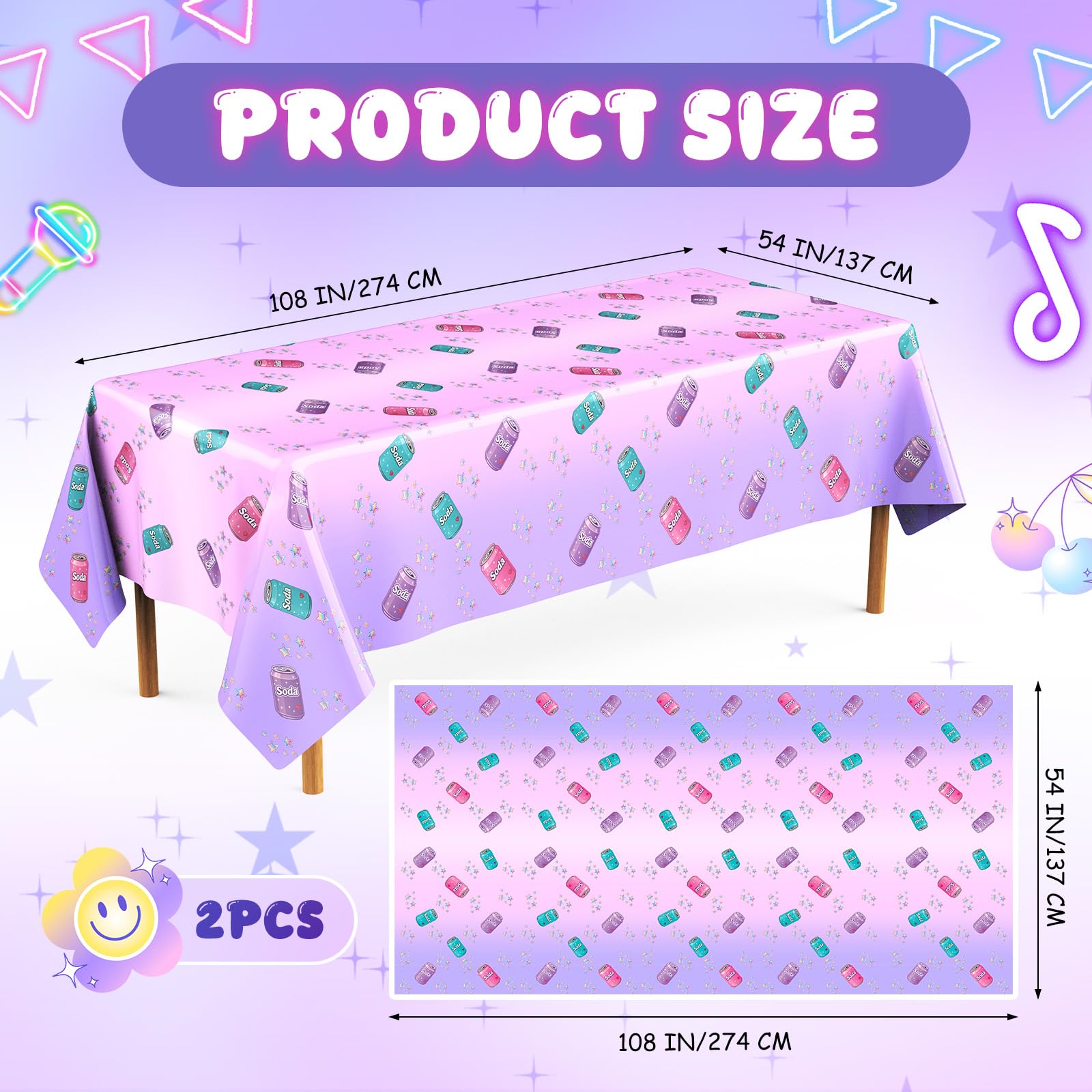 Gilprop 2 Pcs Plastic Birthday Tablecloth 108 x 54 in – Purple Soda Bottle Print, Disposable