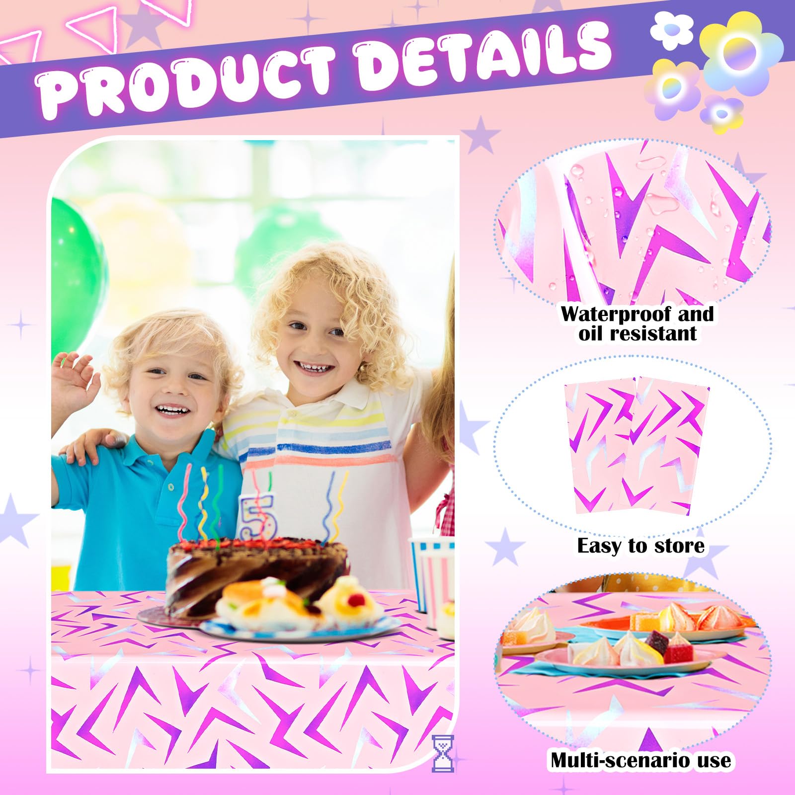 Gilprop 2 Pcs Birthday Tablecloth – Pink with Purple Lightning Crack, 108 x 54 in