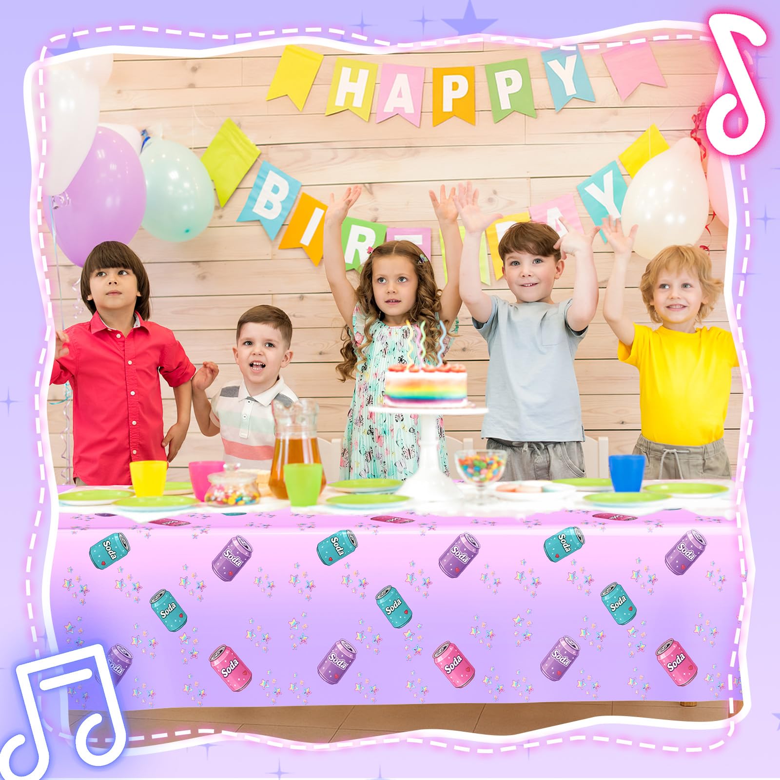 Gilprop 2 Pcs Plastic Birthday Tablecloth 108 x 54 in – Purple Soda Bottle Print, Disposable