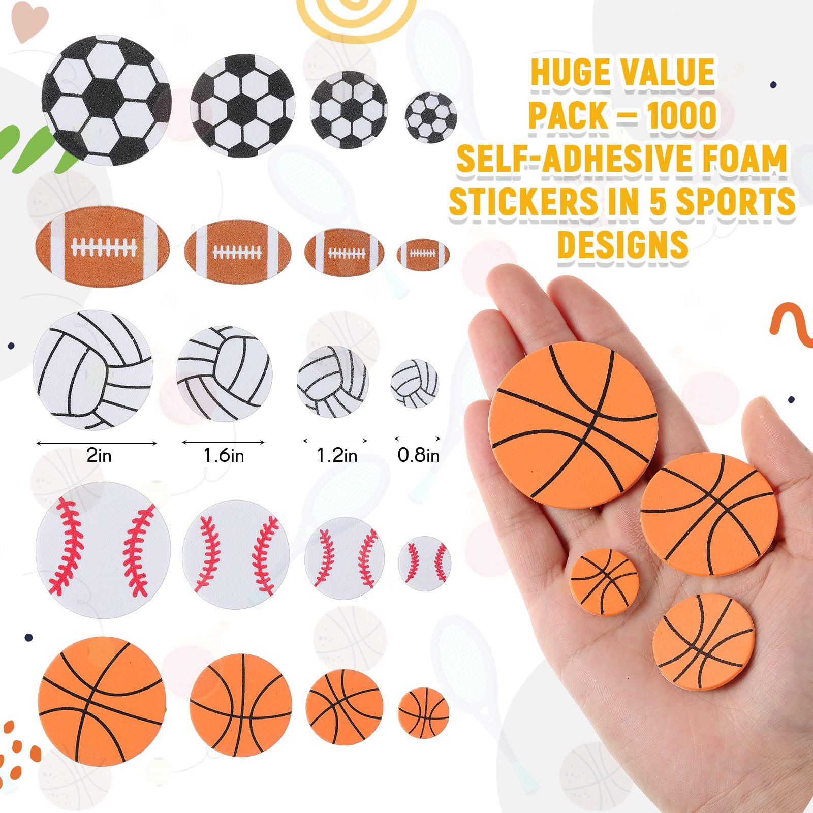 Gilprop 1000 Pcs Foam Sports Stickers – Self-Adhesive Party Favors (Soccer, Basketball, Baseball, Volleyball, Football)