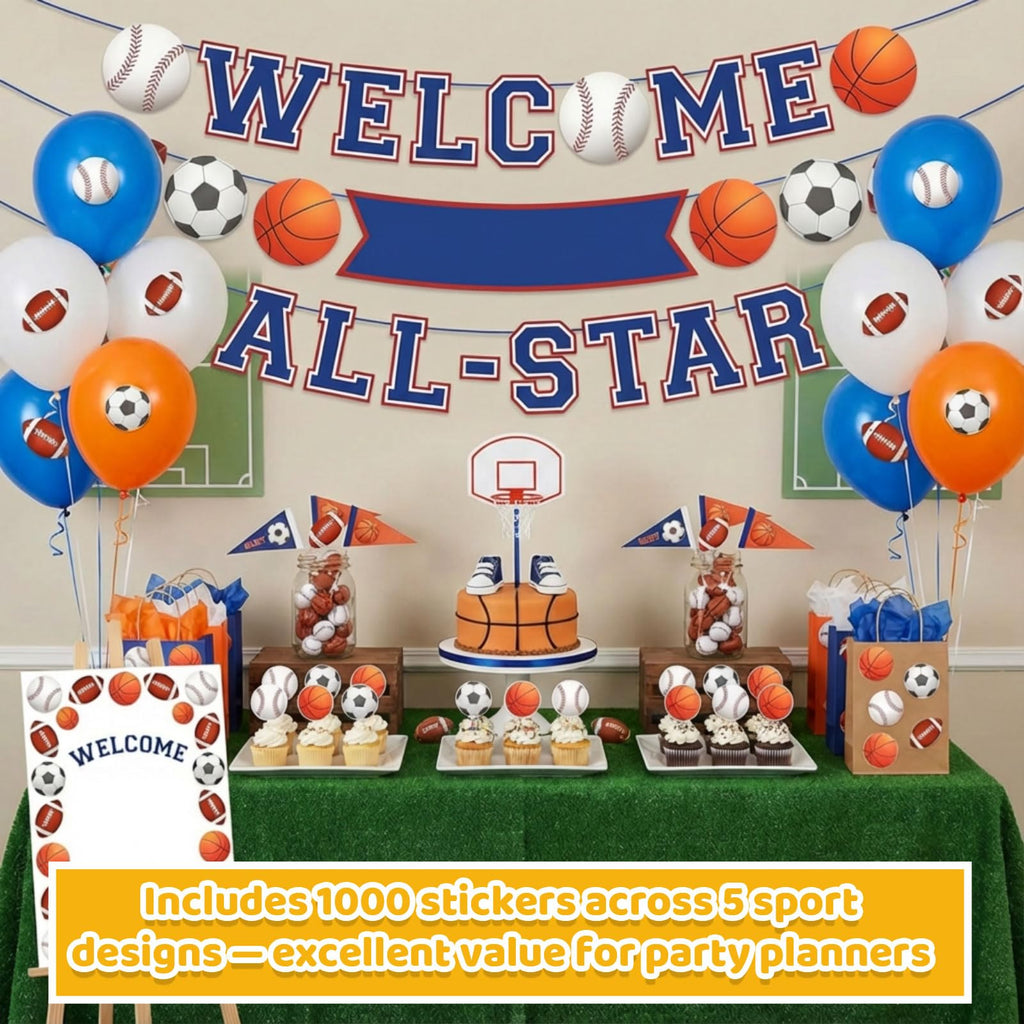 Gilprop 1000 Pcs Foam Sports Stickers – Self-Adhesive Party Favors (Soccer, Basketball, Baseball, Volleyball, Football)