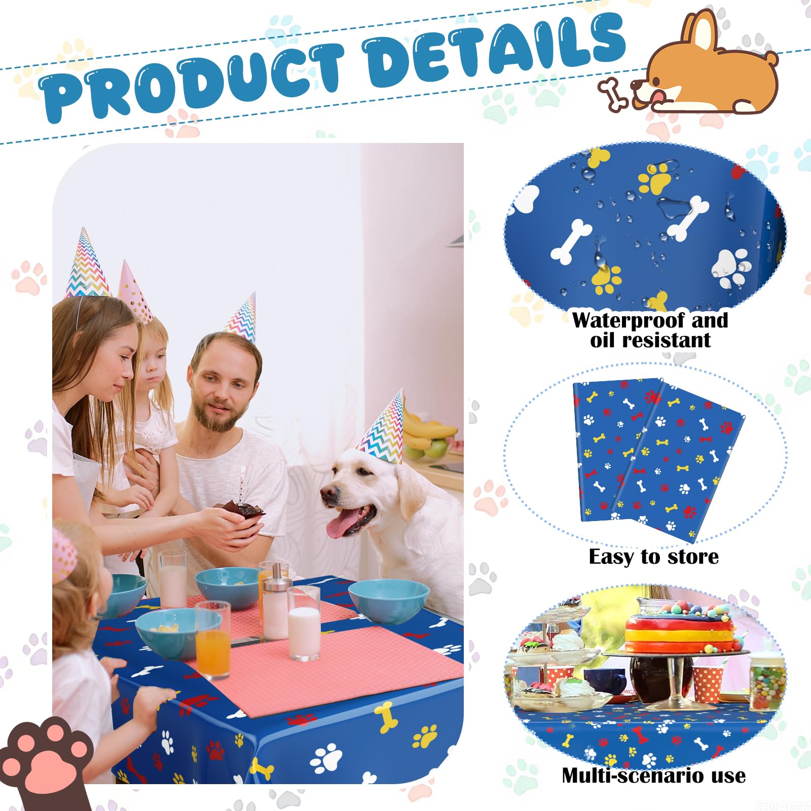 Gilprop 2 Pack Dog Paw Tablecloths – Large 54x108 in, Dark Blue, Disposable Rectangle Party Cover