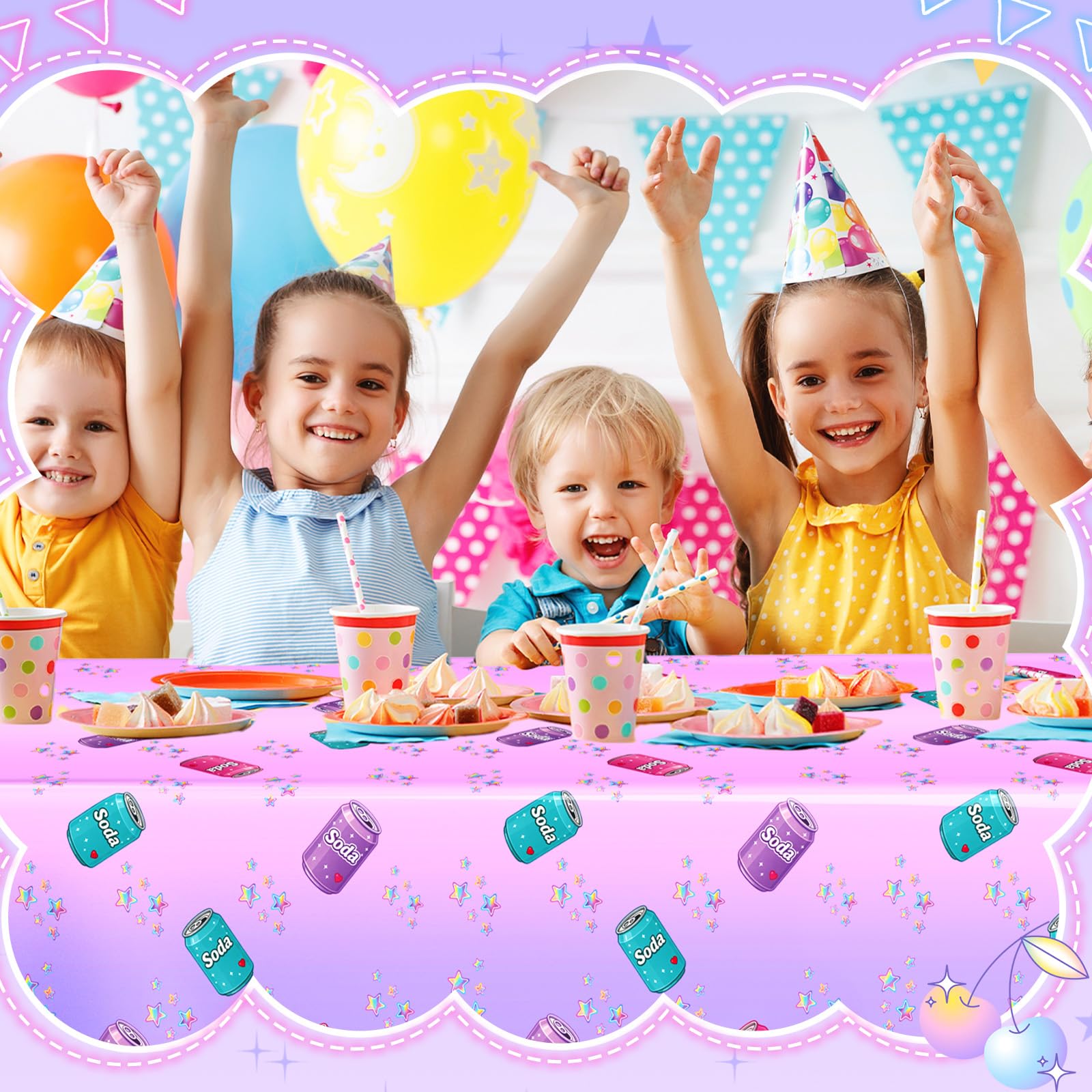 Gilprop 2 Pcs Plastic Birthday Tablecloth 108 x 54 in – Purple Soda Bottle Print, Disposable