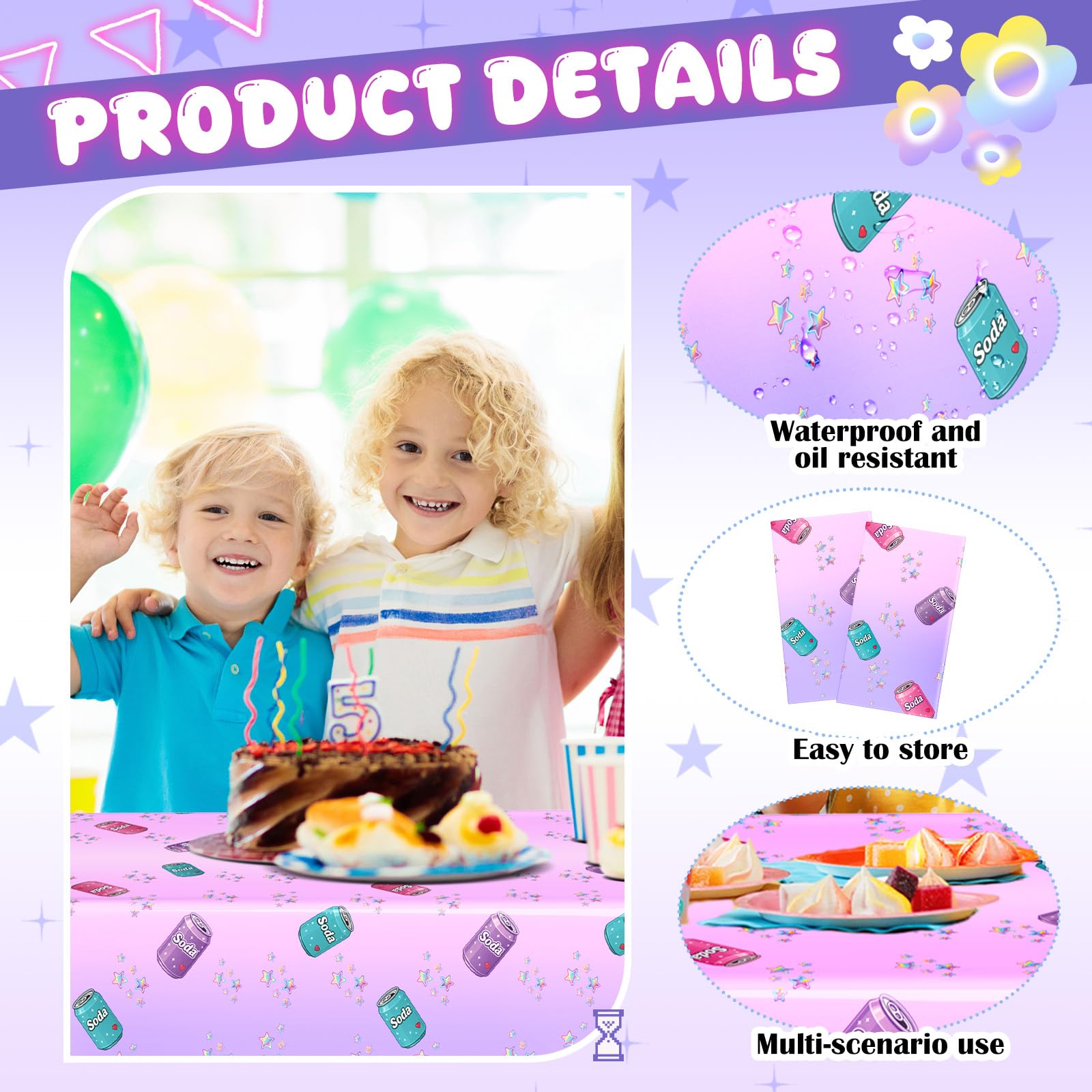 Gilprop 2 Pcs Plastic Birthday Tablecloth 108 x 54 in – Purple Soda Bottle Print, Disposable