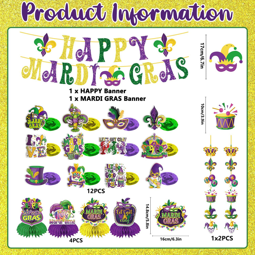 GINFTBRZGV 20Pcs Mardi Gras Decorations - Happy Banner, Hanging Swirls & Honeycomb Centerpieces