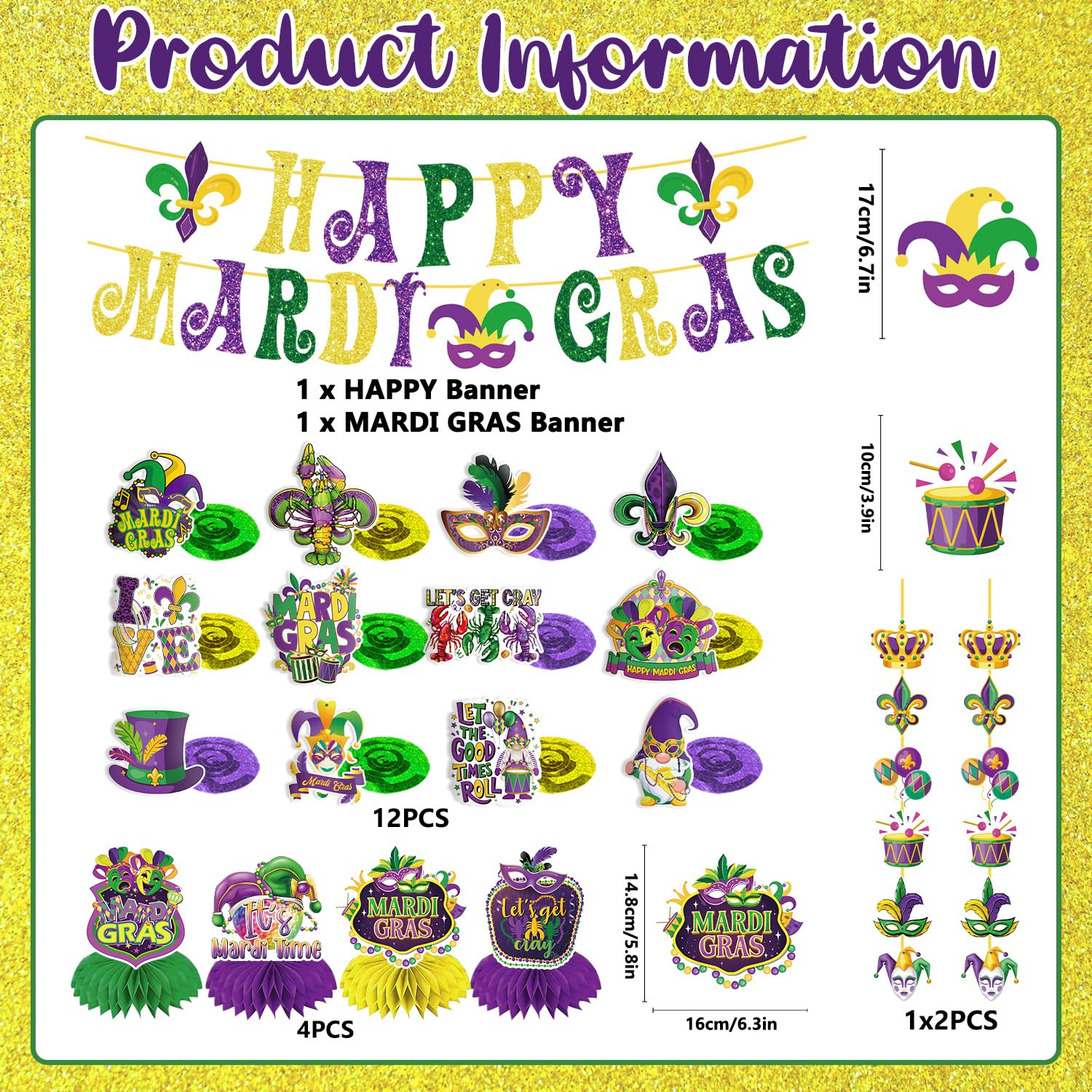 GINFTBRZGV 20Pcs Mardi Gras Decorations - Happy Banner, Hanging Swirls & Honeycomb Centerpieces