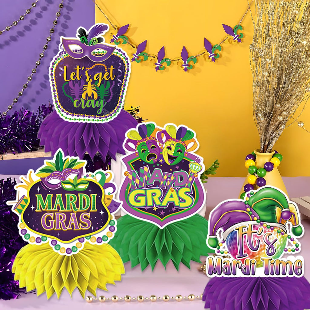GINFTBRZGV 20Pcs Mardi Gras Decorations - Happy Banner, Hanging Swirls & Honeycomb Centerpieces
