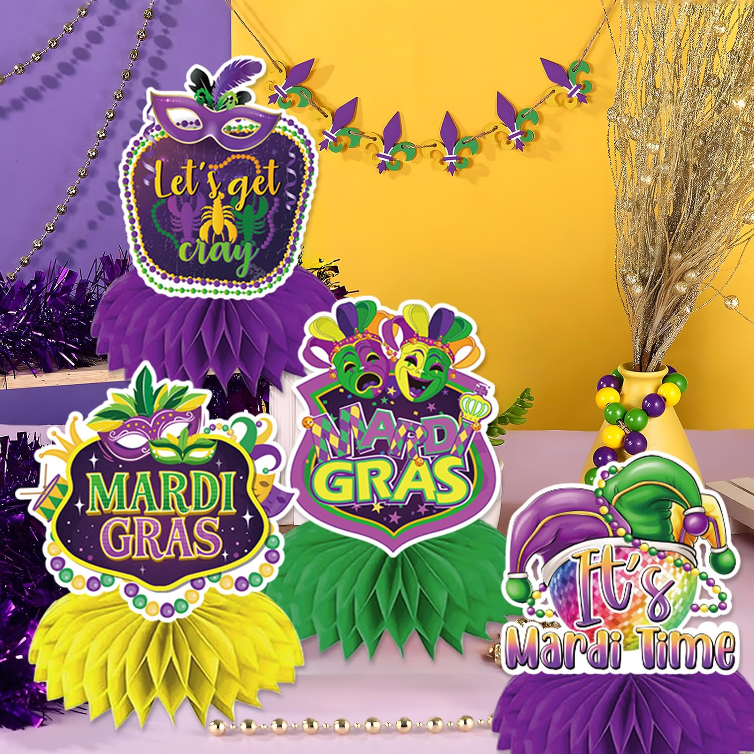 GINFTBRZGV 20Pcs Mardi Gras Decorations - Happy Banner, Hanging Swirls & Honeycomb Centerpieces
