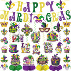 GINFTBRZGV 20Pcs Mardi Gras Decorations - Happy Banner, Hanging Swirls & Honeycomb Centerpieces