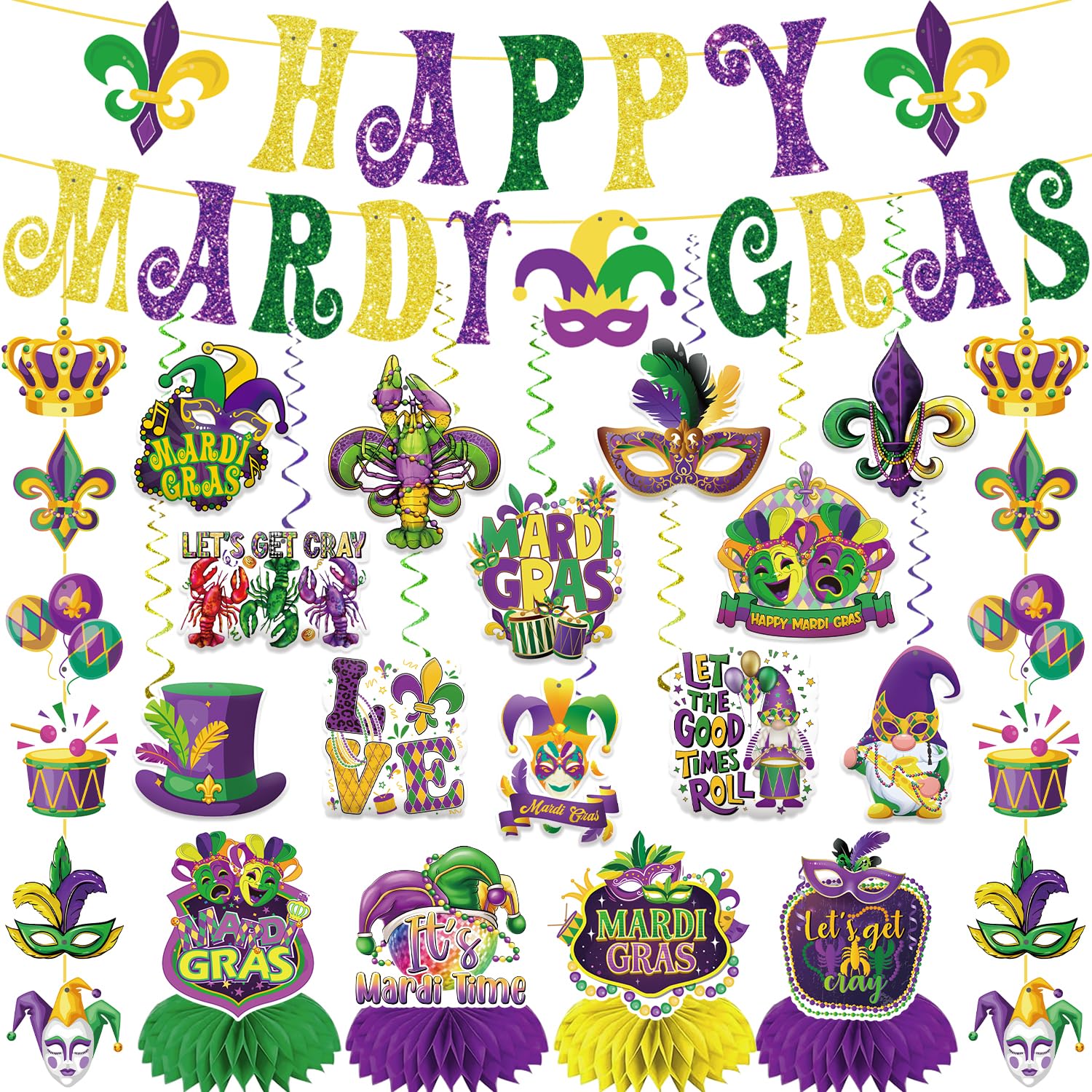 GINFTBRZGV 20Pcs Mardi Gras Decorations - Happy Banner, Hanging Swirls & Honeycomb Centerpieces