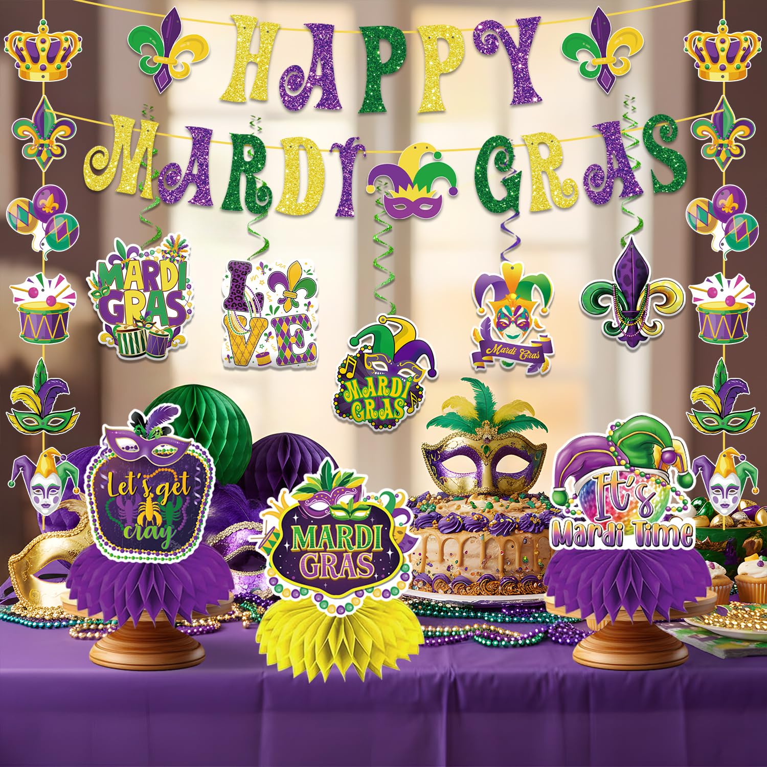 GINFTBRZGV 20Pcs Mardi Gras Decorations - Happy Banner, Hanging Swirls & Honeycomb Centerpieces