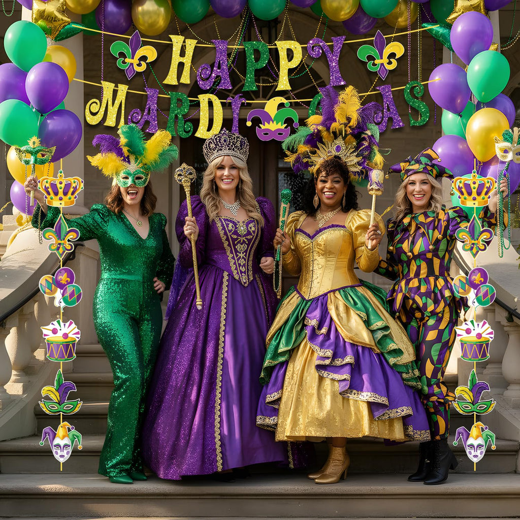 GINFTBRZGV 20Pcs Mardi Gras Decorations - Happy Banner, Hanging Swirls & Honeycomb Centerpieces