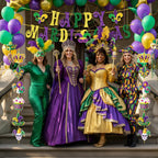GINFTBRZGV 20Pcs Mardi Gras Decorations - Happy Banner, Hanging Swirls & Honeycomb Centerpieces