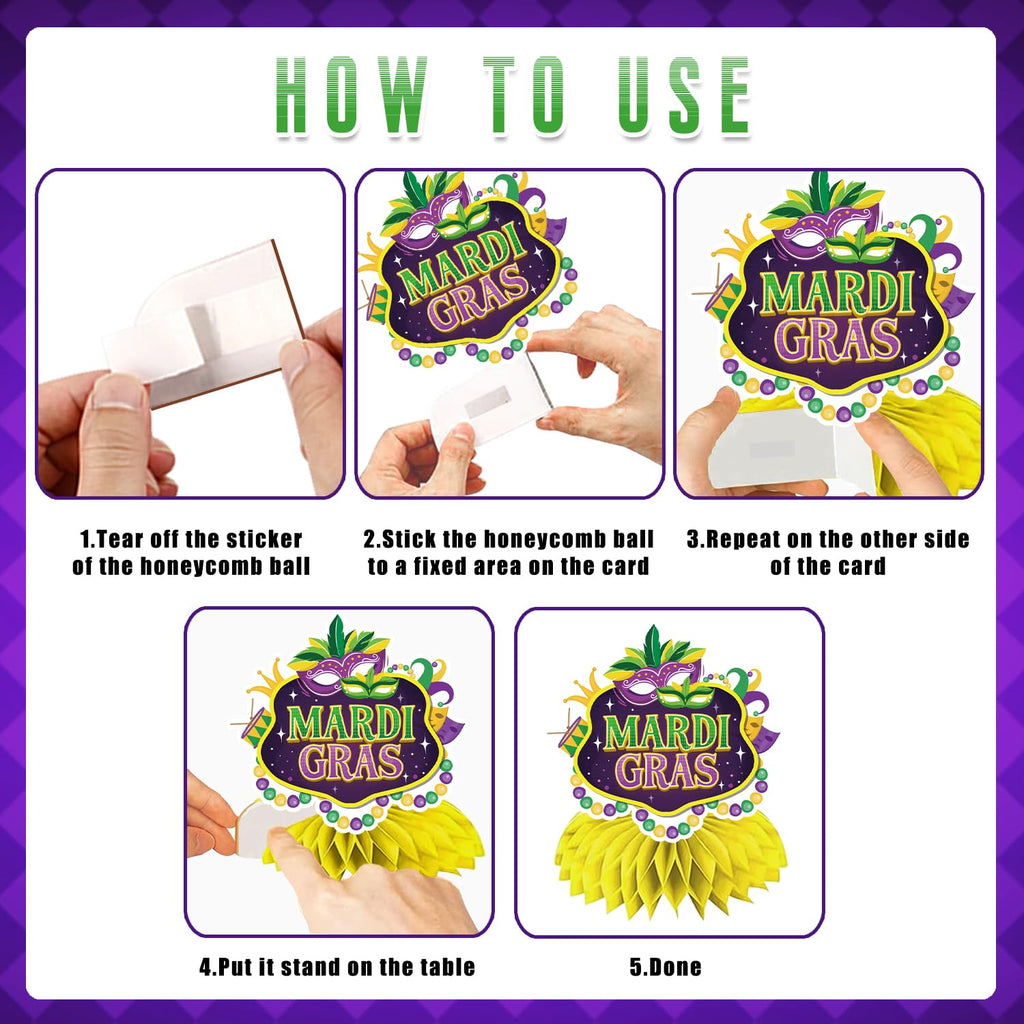 GINFTBRZGV 20Pcs Mardi Gras Decorations - Happy Banner, Hanging Swirls & Honeycomb Centerpieces