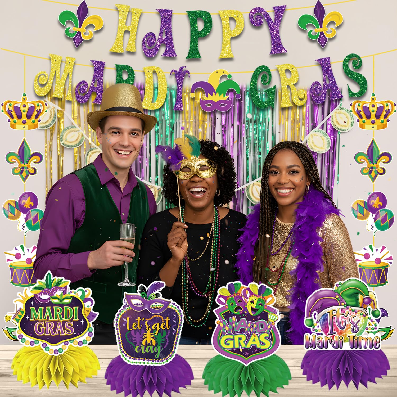 GINFTBRZGV 20Pcs Mardi Gras Decorations - Happy Banner, Hanging Swirls & Honeycomb Centerpieces