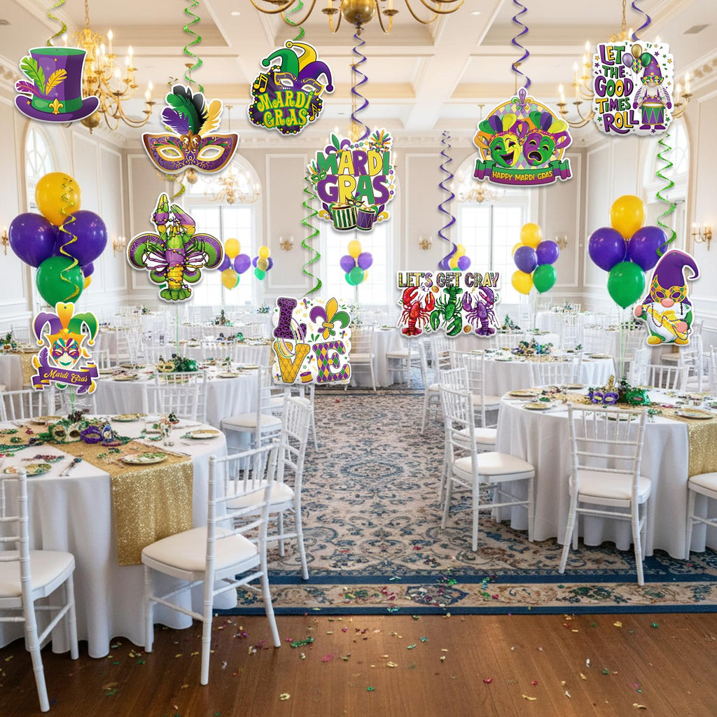 GINFTBRZGV 20Pcs Mardi Gras Decorations - Happy Banner, Hanging Swirls & Honeycomb Centerpieces