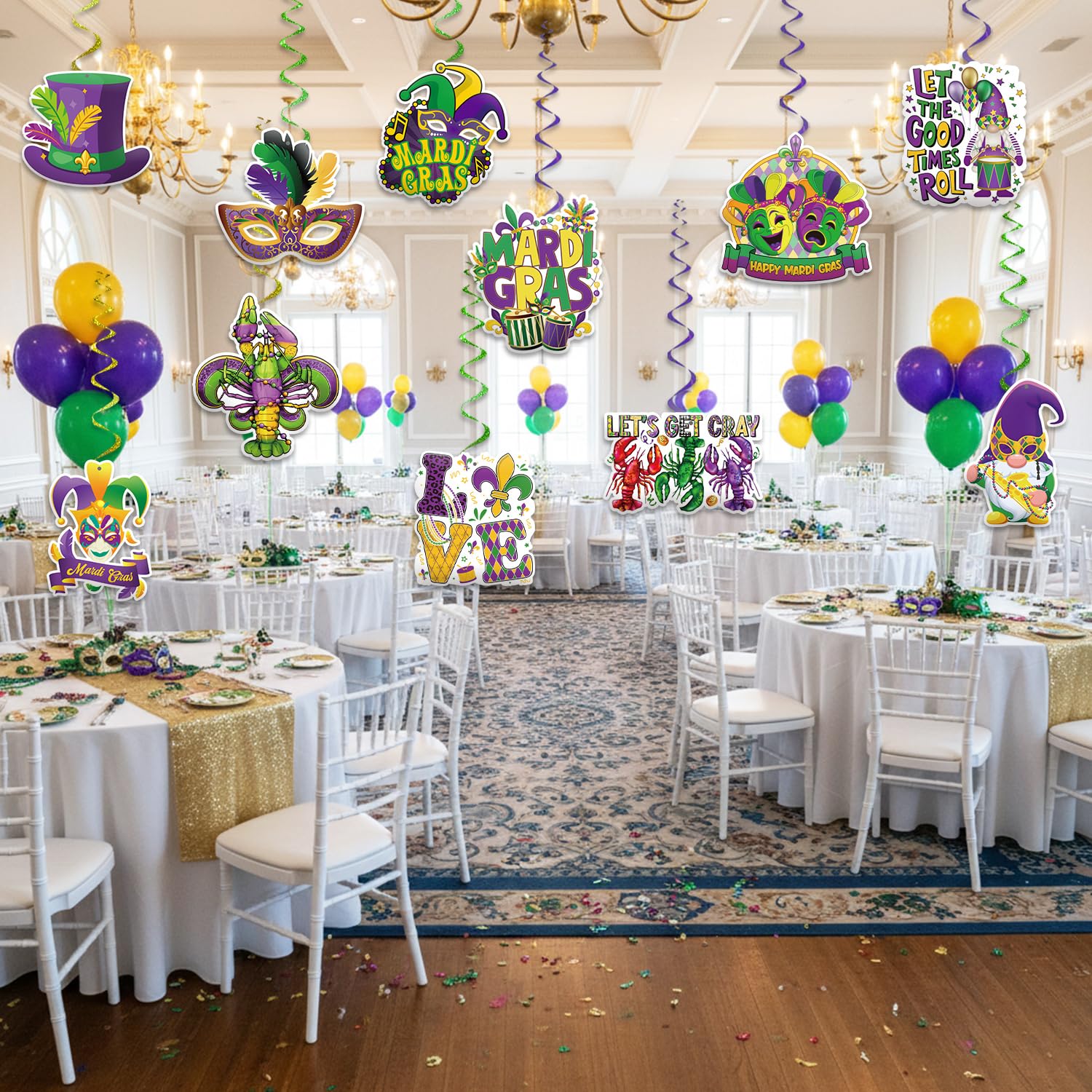 GINFTBRZGV 20Pcs Mardi Gras Decorations - Happy Banner, Hanging Swirls & Honeycomb Centerpieces