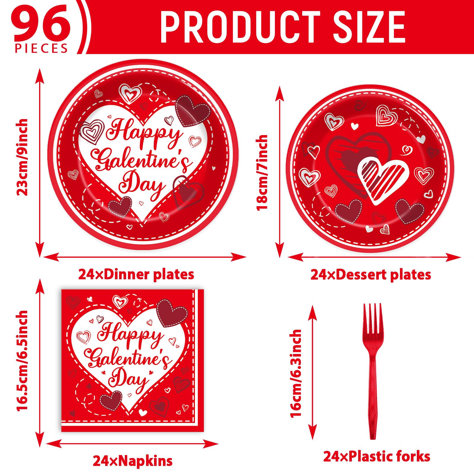 gisgfim 96Pcs Galentine's Day Tableware Set — Red Plates, Napkins & Forks for 24
