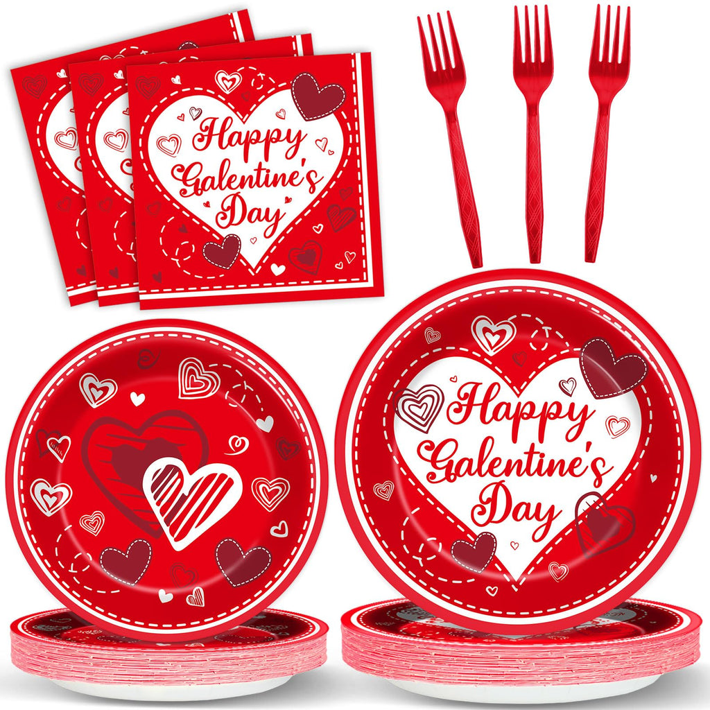 gisgfim 96Pcs Galentine's Day Tableware Set — Red Plates, Napkins & Forks for 24