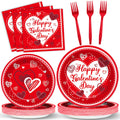 gisgfim 96Pcs Galentine's Day Tableware Set — Red Plates, Napkins & Forks for 24