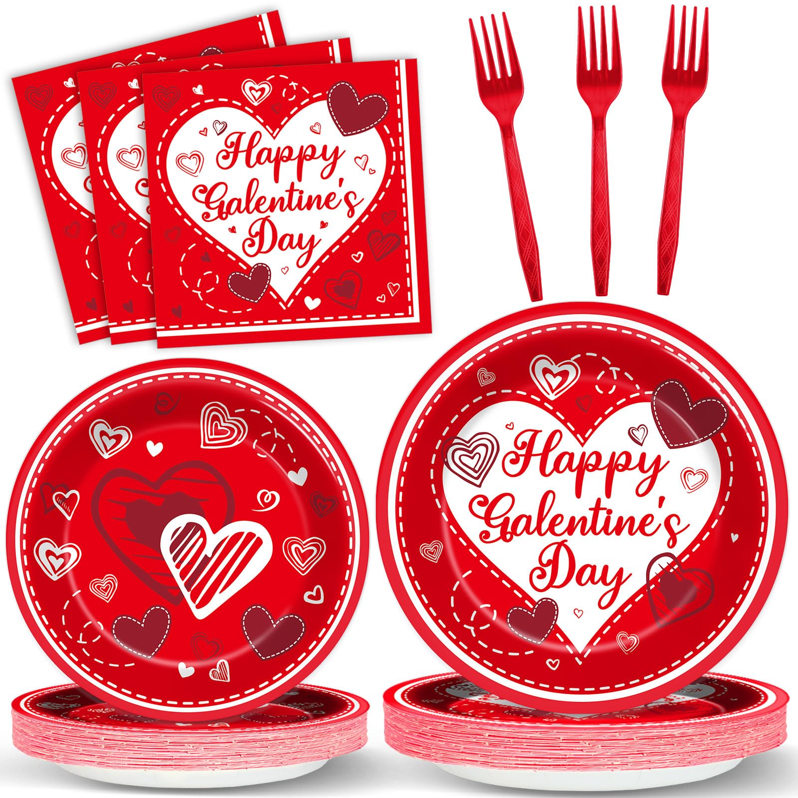 gisgfim 96Pcs Galentine's Day Tableware Set — Red Plates, Napkins & Forks for 24