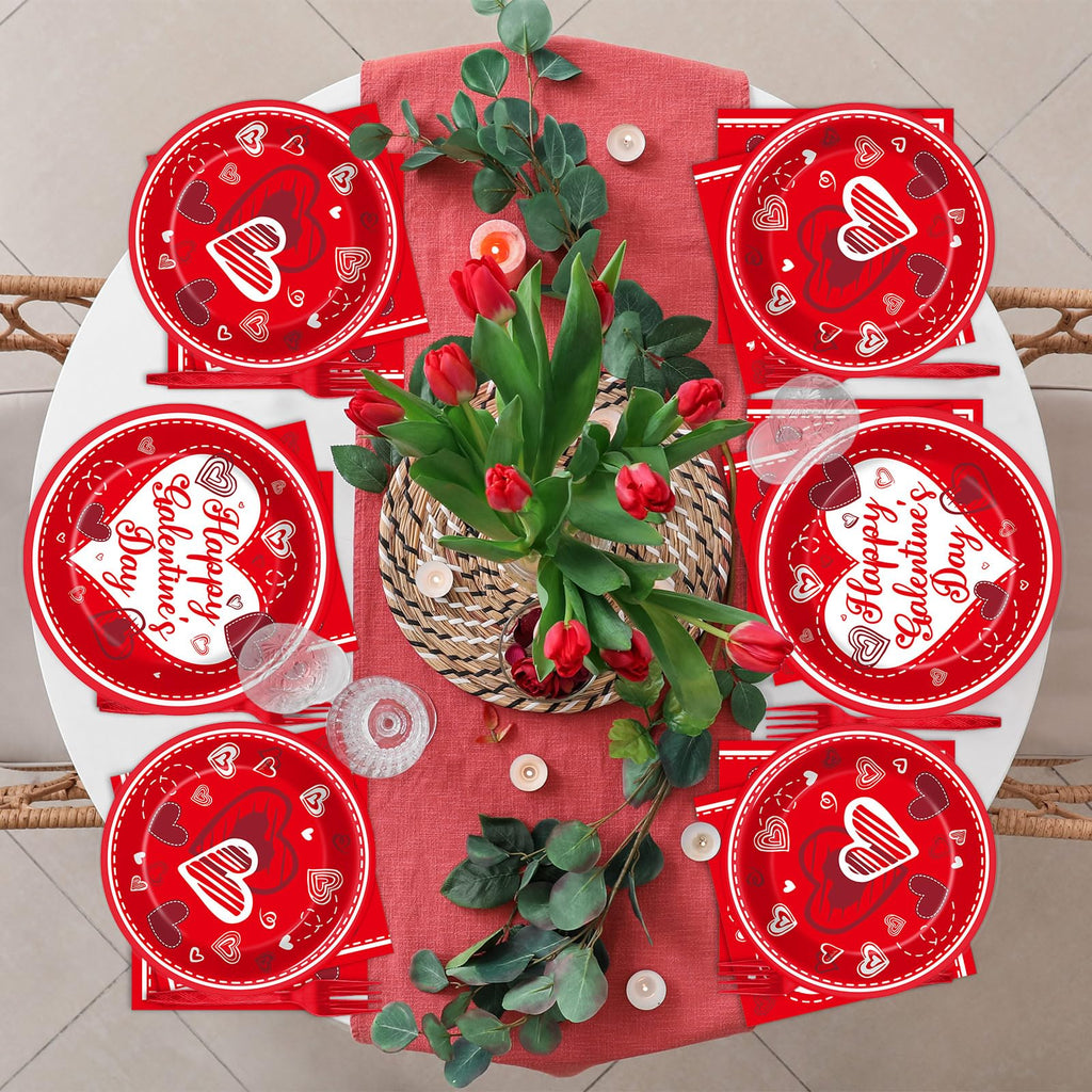 gisgfim 96Pcs Galentine's Day Tableware Set — Red Plates, Napkins & Forks for 24