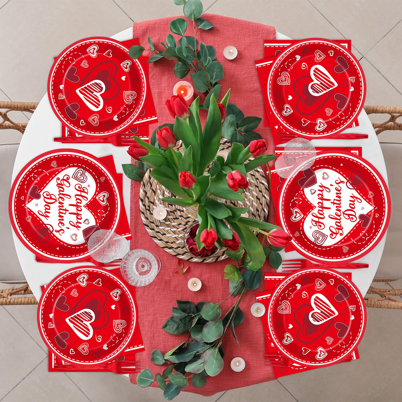 gisgfim 96Pcs Galentine's Day Tableware Set — Red Plates, Napkins & Forks for 24