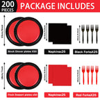 gisgfim 50 Guests Red & Black Party Supplies — 200Pcs Disposable Plates, Napkins & Forks