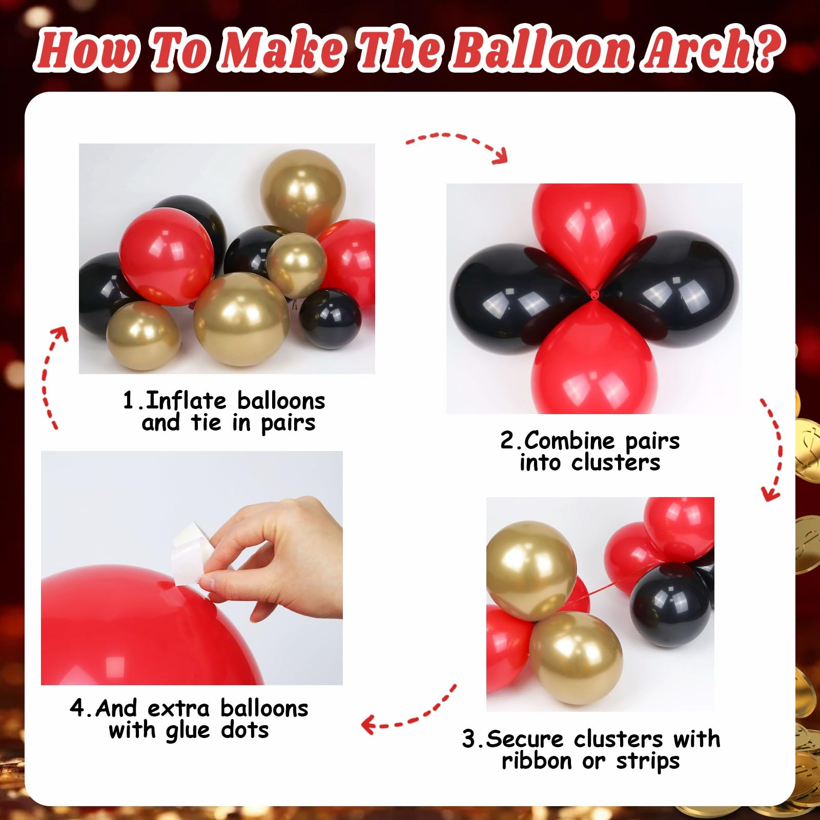 GIZIUXNE Casino Balloon Arch Kit – Black, Red & Gold Balloons with Dice Boxes