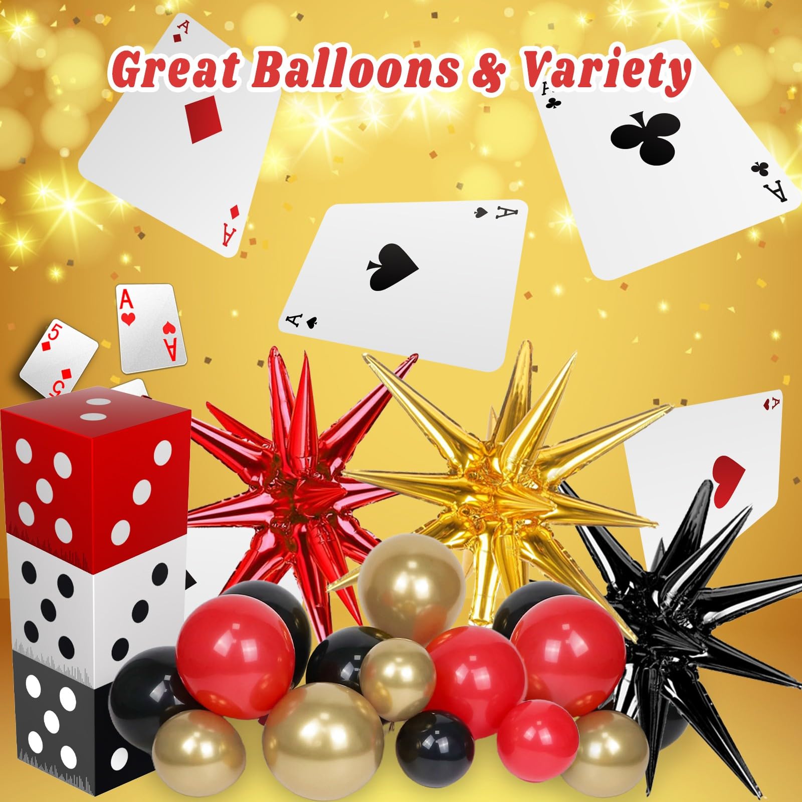 GIZIUXNE Casino Balloon Arch Kit – Black, Red & Gold Balloons with Dice Boxes