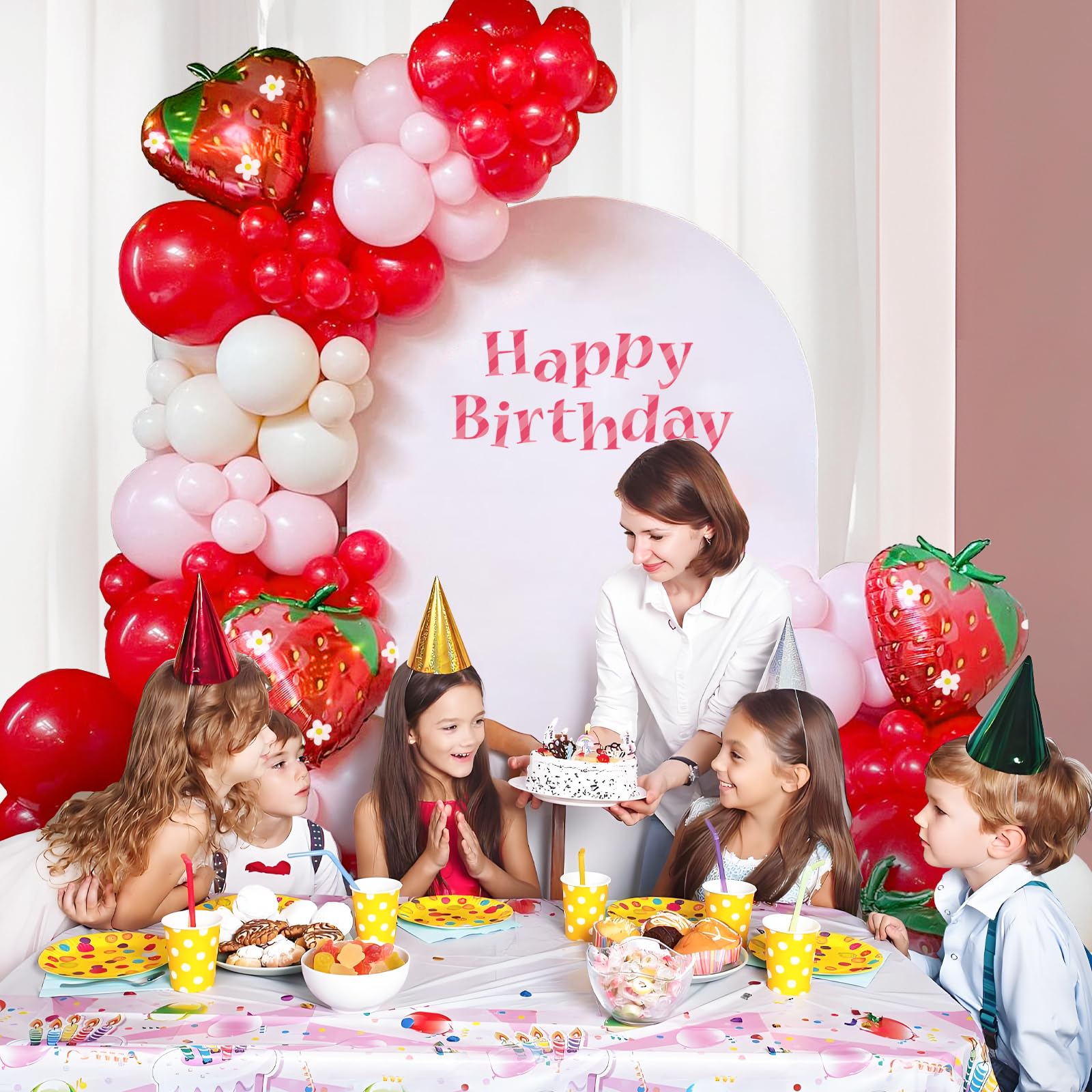 GIZIUXNE Strawberry Balloon Arch Garland Kit – 120pcs Red & Pink Balloons with 27in Strawberry Foil Balloons