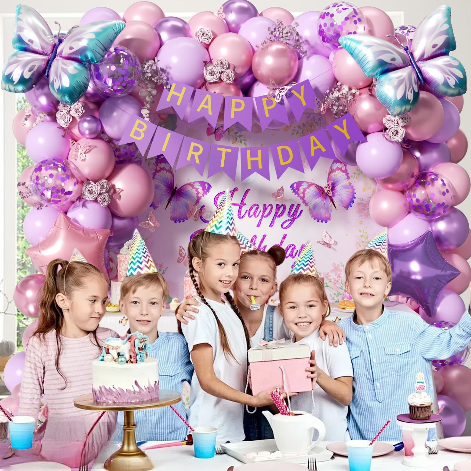 GIZIUXNE Pink & Purple Butterfly Birthday Decorations | Pastel Balloons & Backdrop