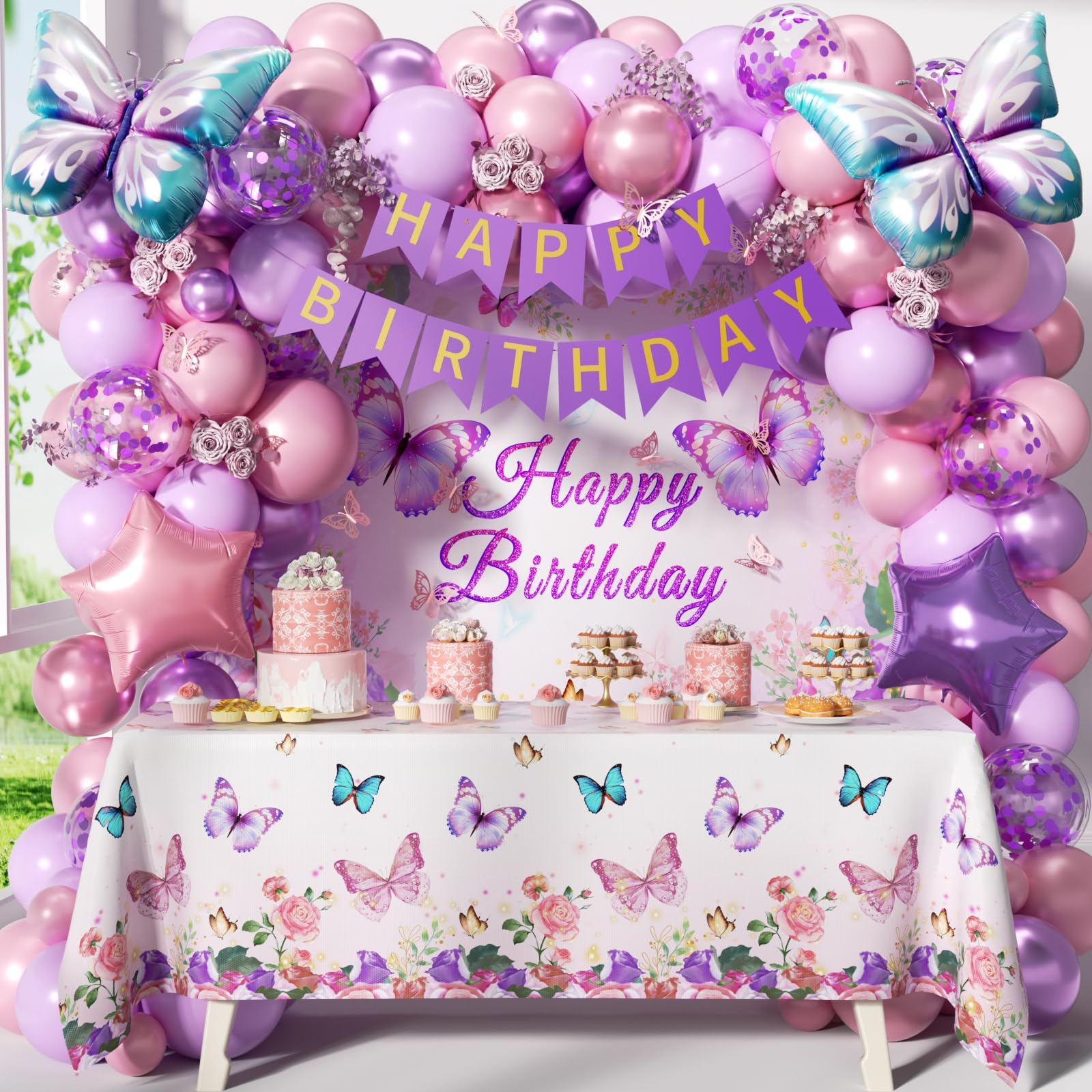GIZIUXNE Pink & Purple Butterfly Birthday Decorations | Pastel Balloons & Backdrop