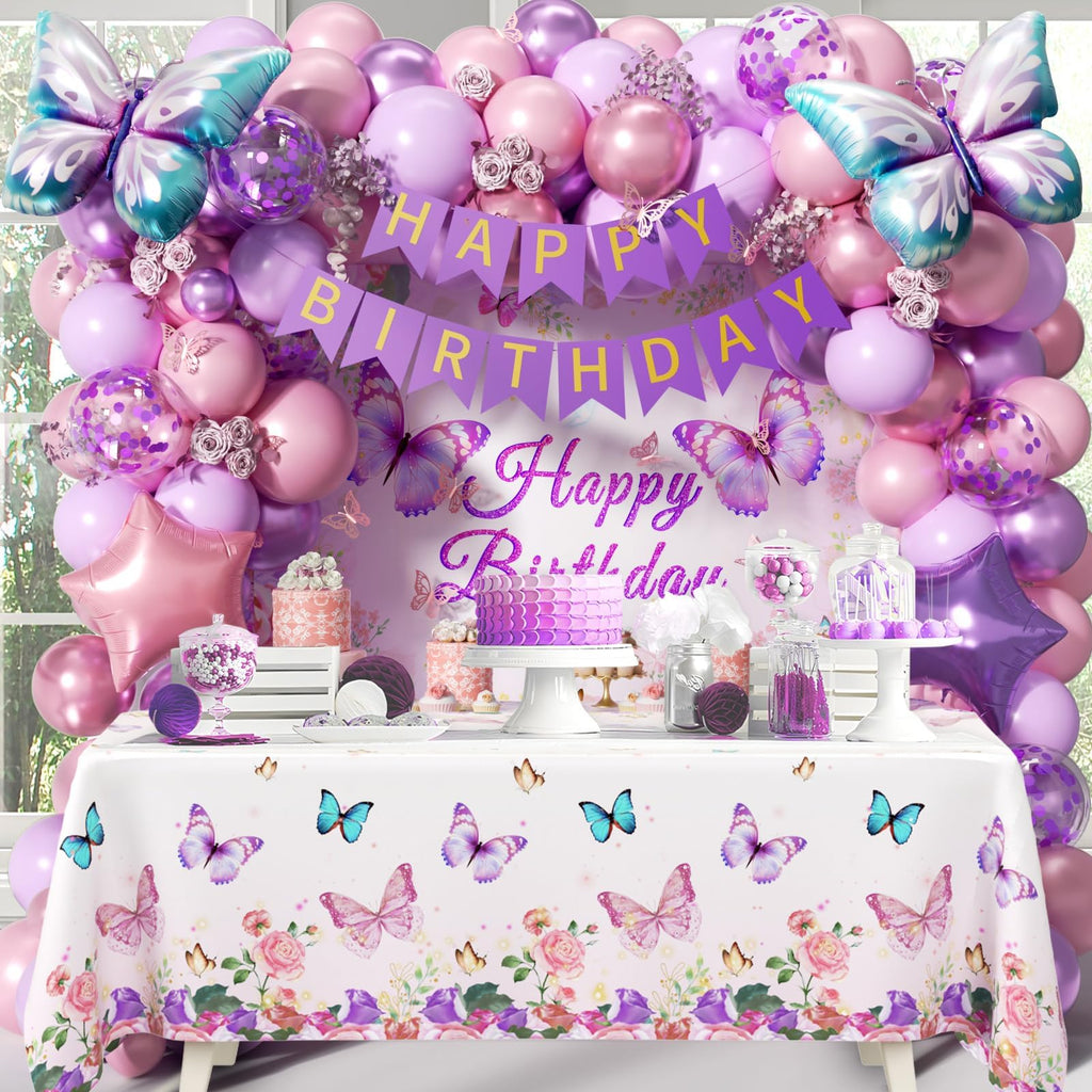 GIZIUXNE Pink & Purple Butterfly Birthday Decorations | Pastel Balloons & Backdrop
