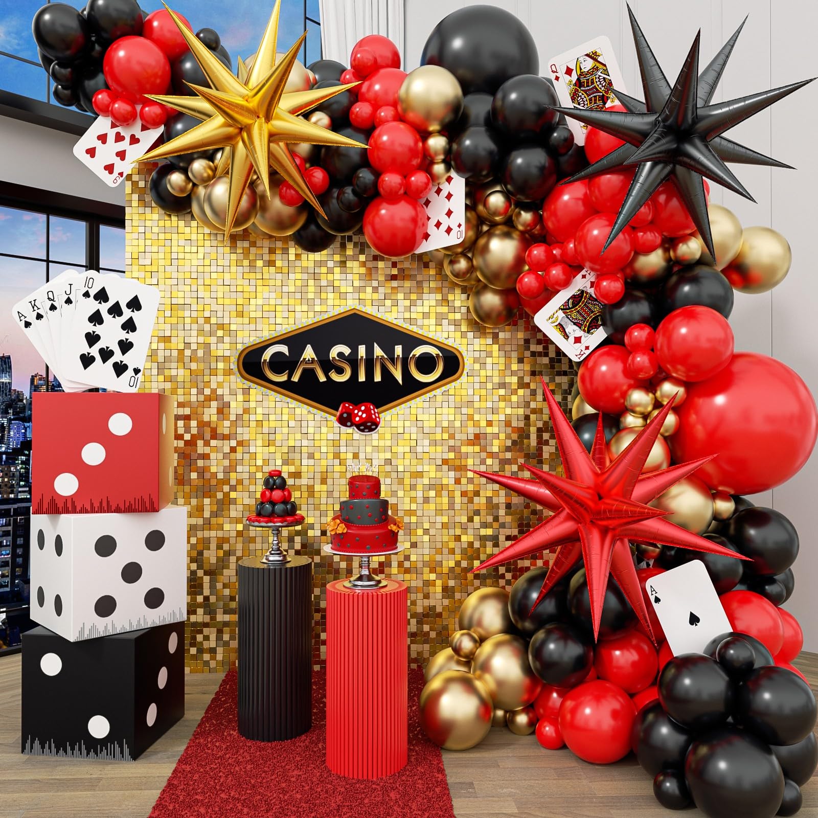 GIZIUXNE Casino Balloon Arch Kit – Black, Red & Gold Balloons with Dice Boxes