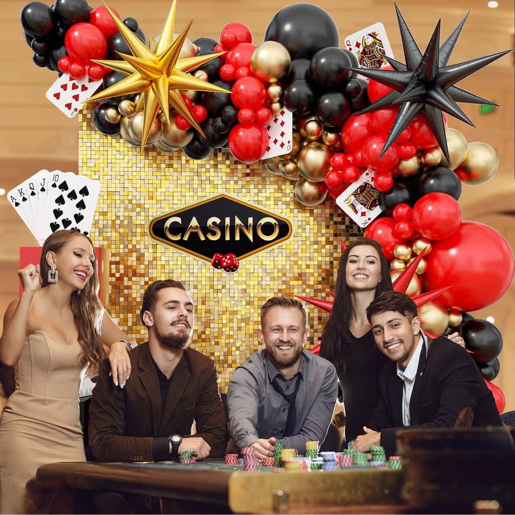GIZIUXNE Casino Balloon Arch Kit – Black, Red & Gold Balloons with Dice Boxes