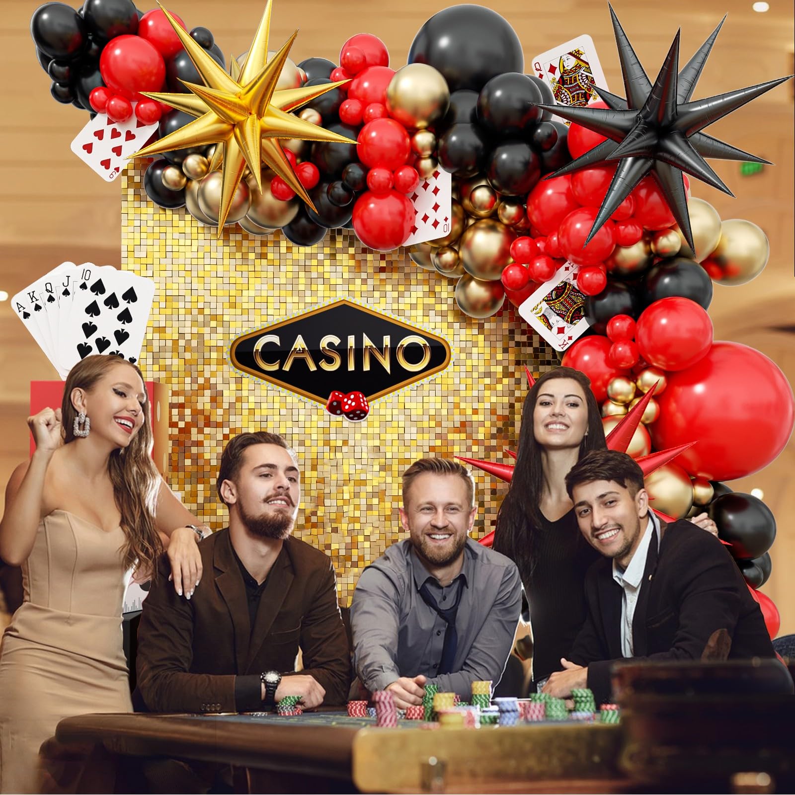 GIZIUXNE Casino Balloon Arch Kit – Black, Red & Gold Balloons with Dice Boxes
