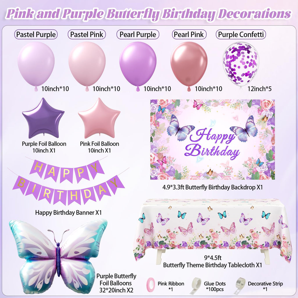 GIZIUXNE Pink & Purple Butterfly Birthday Decorations | Pastel Balloons & Backdrop