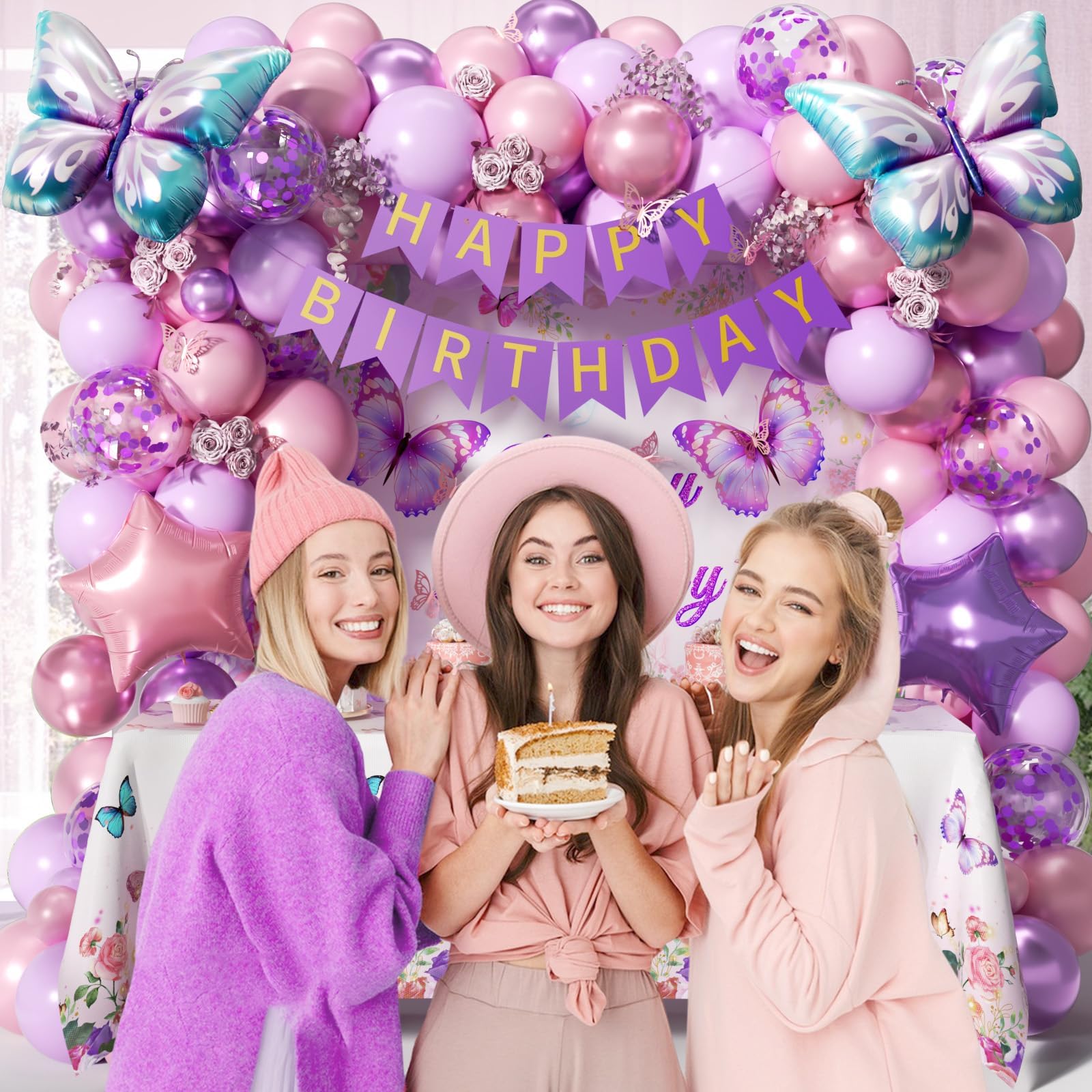 GIZIUXNE Pink & Purple Butterfly Birthday Decorations | Pastel Balloons & Backdrop