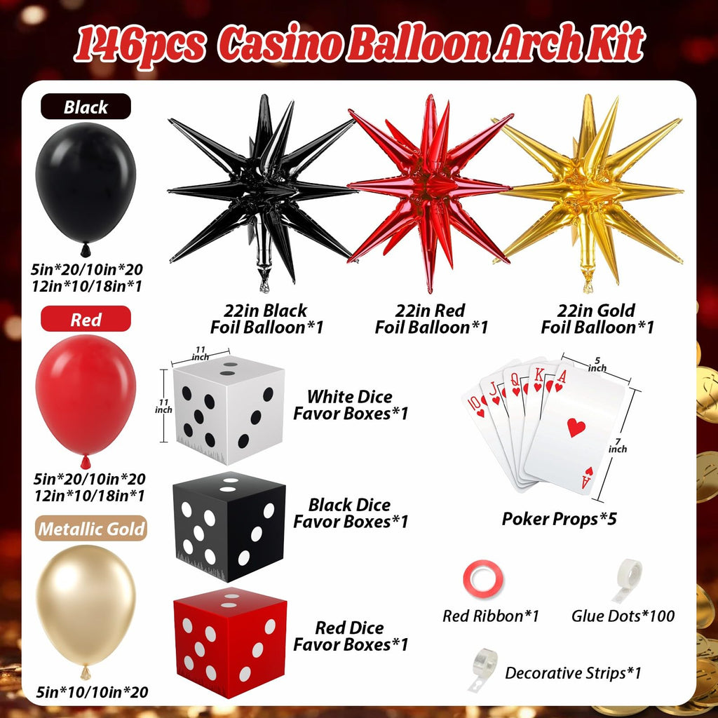 GIZIUXNE Casino Balloon Arch Kit – Black, Red & Gold Balloons with Dice Boxes