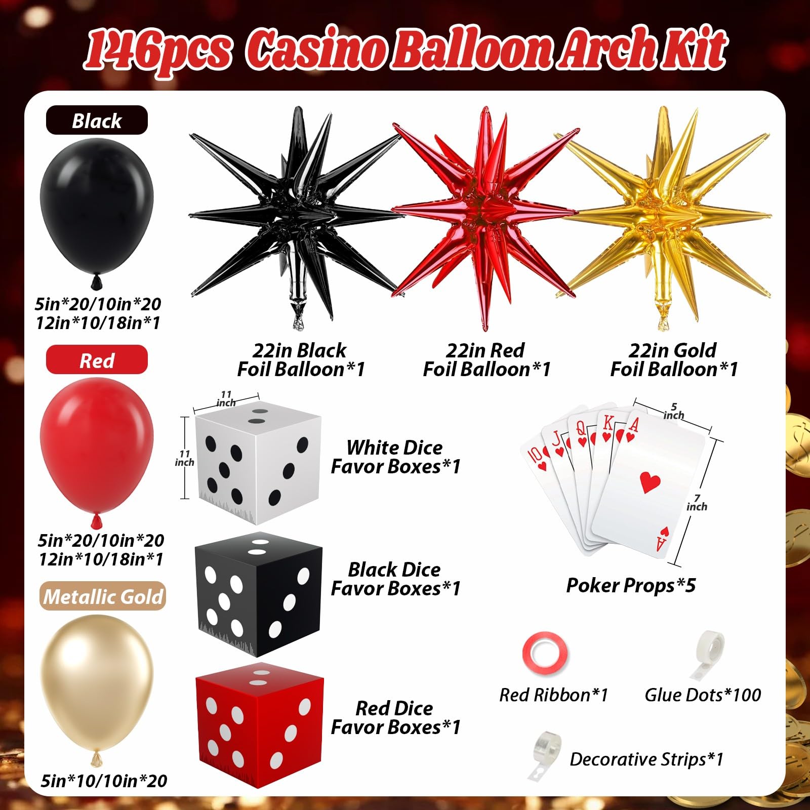 GIZIUXNE Casino Balloon Arch Kit – Black, Red & Gold Balloons with Dice Boxes