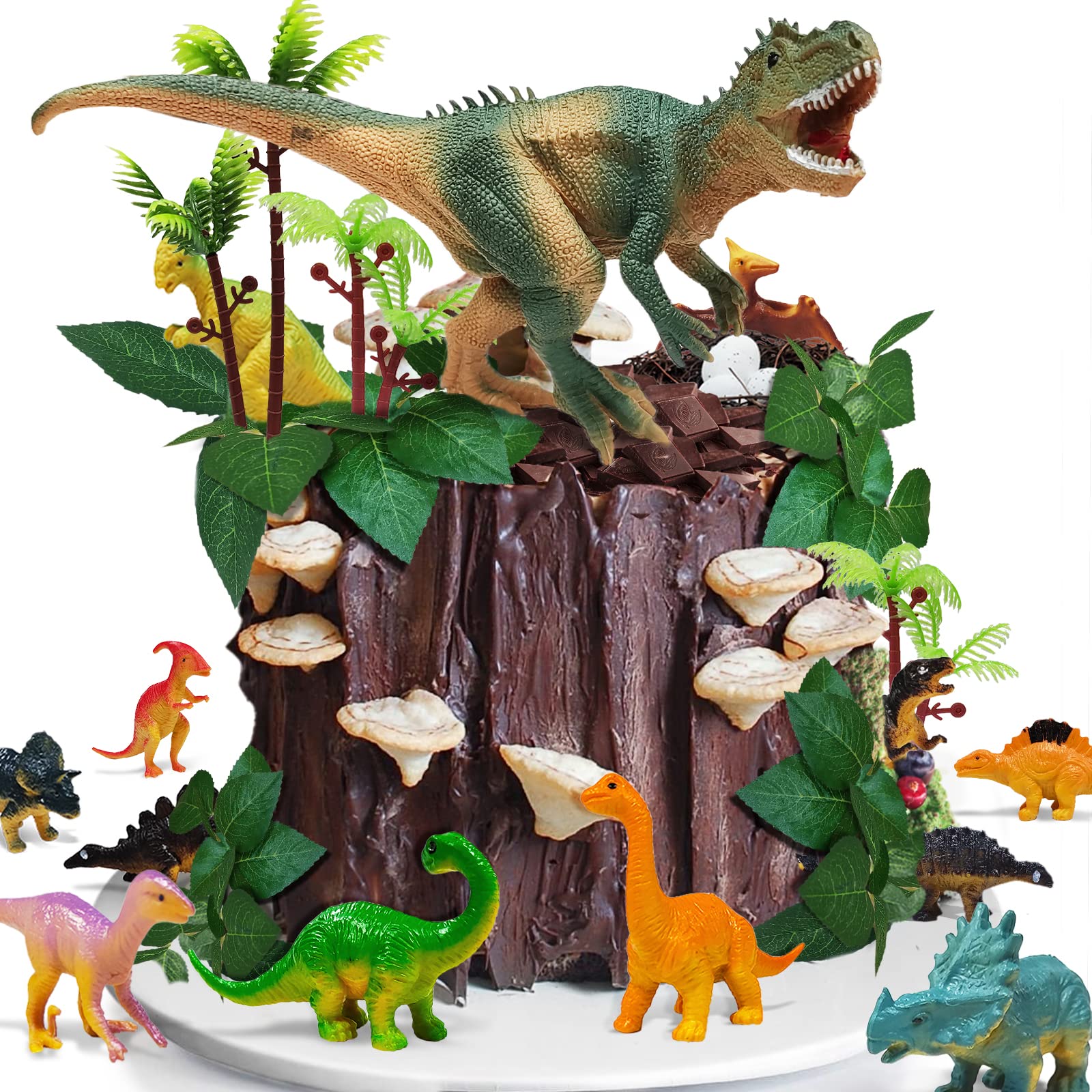 GLAHORSE 26-Piece Dinosaur Cake Toppers Set with Eggs, Nest, Trees & Leaves – Birthday Party Decor