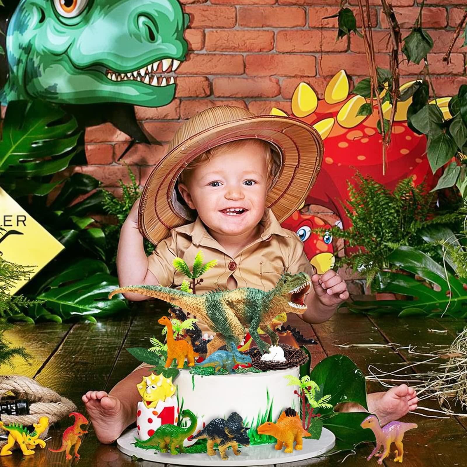 GLAHORSE 26-Piece Dinosaur Cake Toppers Set with Eggs, Nest, Trees & Leaves – Birthday Party Decor