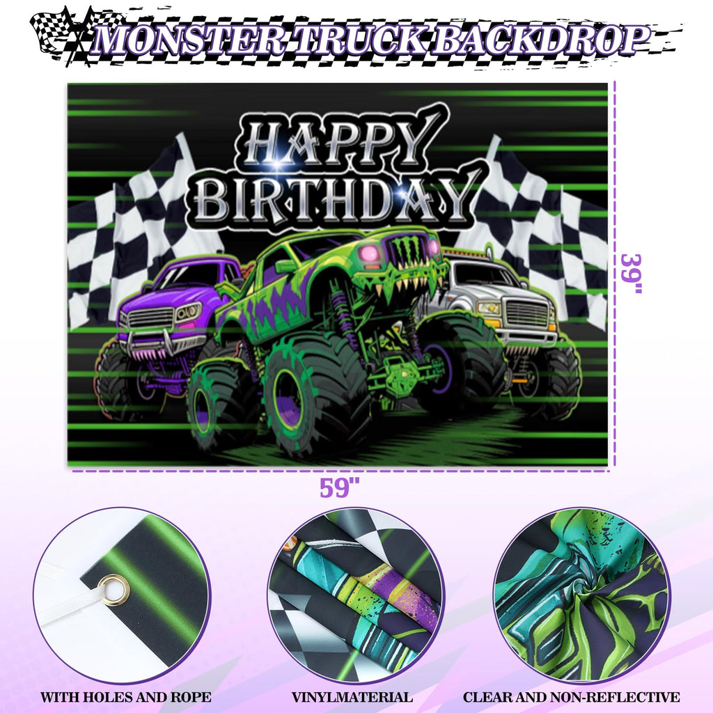 GLANFOIO 130Pcs Monster Truck Birthday Decorations – Balloon Garland Arch Kit with Backdrop