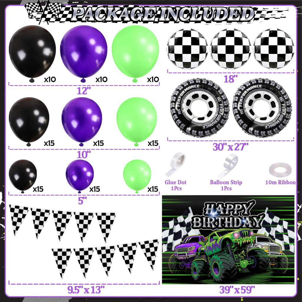 GLANFOIO 130Pcs Monster Truck Birthday Decorations – Balloon Garland Arch Kit with Backdrop